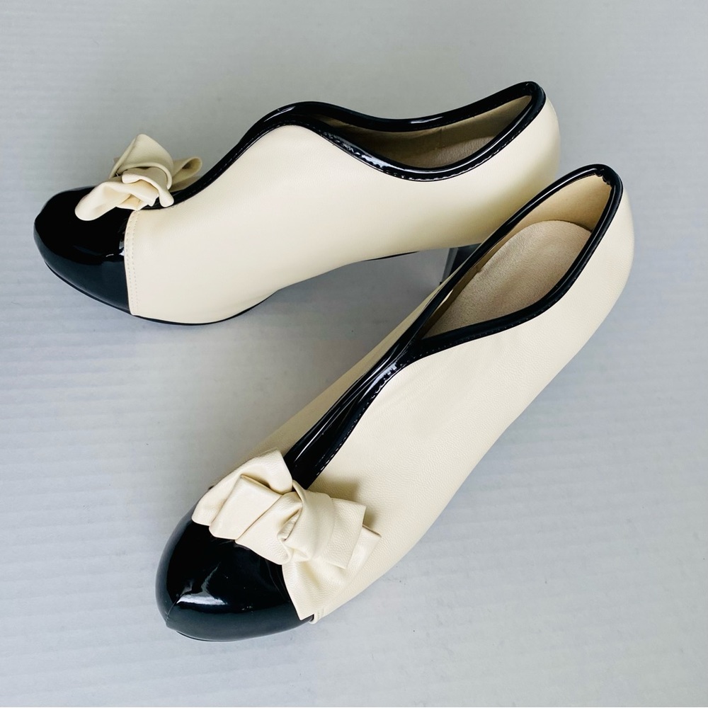 Women's Size 43 Black & Cream Bow Pump Heels Vintage Pin Up